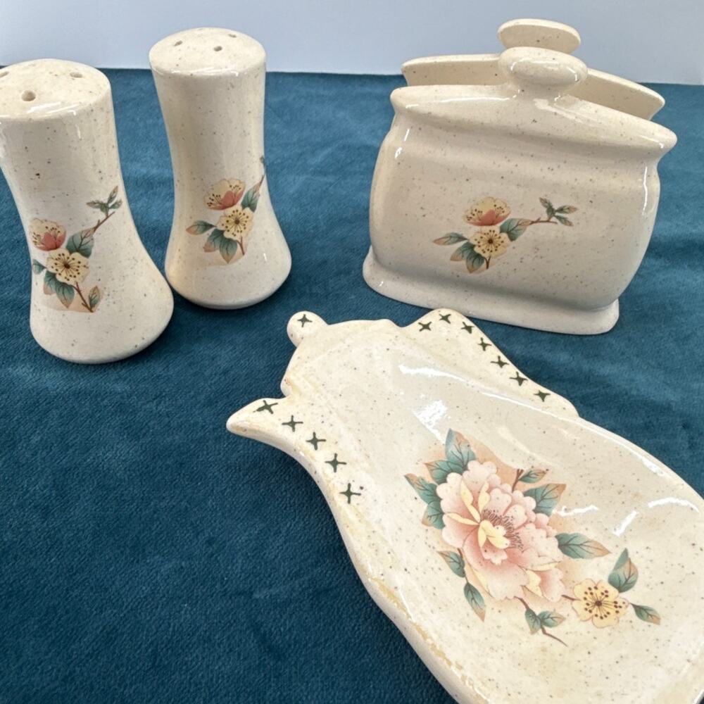 Floral Ceramic Kitchen Set Salt Pepper Napkin Holder Spoon Rest Country Cottage